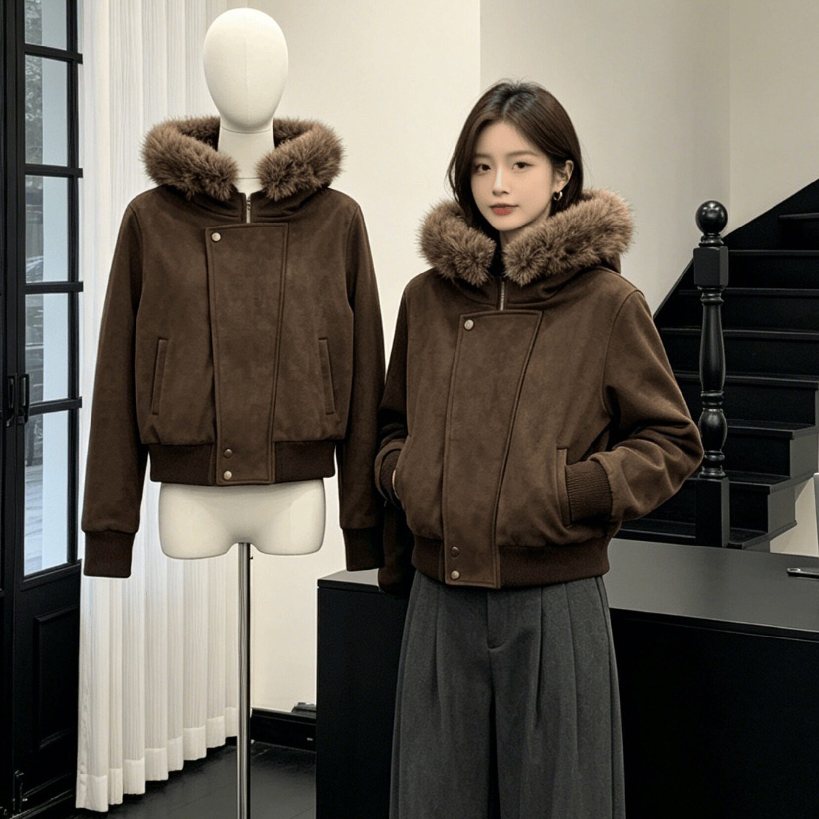 2026新款超好看连帽大毛领大门襟羽绒棉服麂皮机车服保暖外套女