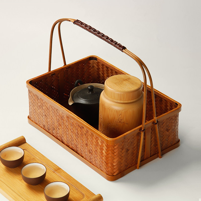 复古竹编食盒古风便携茶具收纳盒筐竹制双层提篮手提篮子茶道托盘