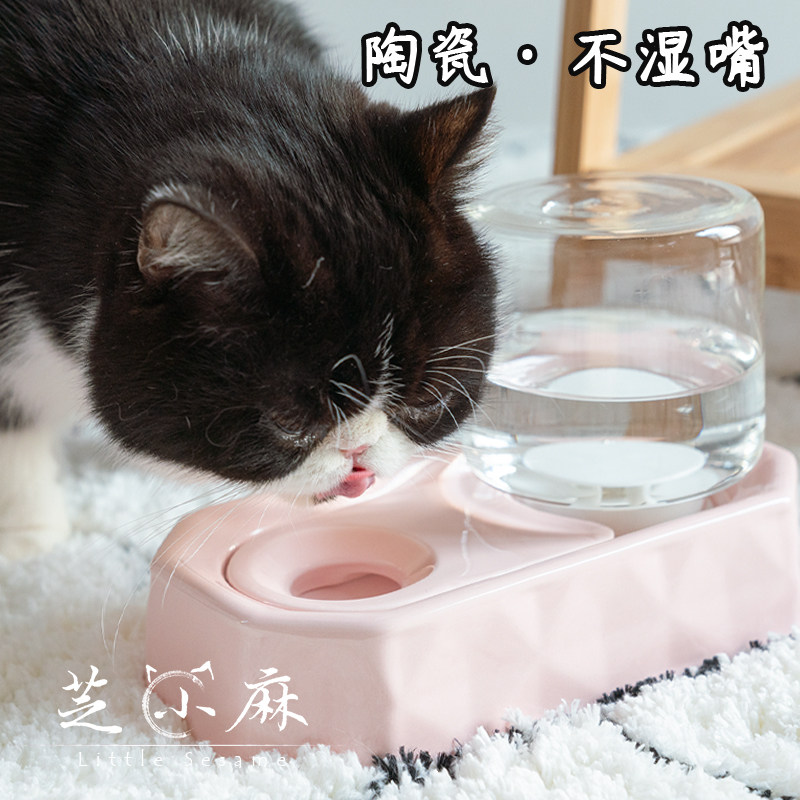 芝小麻 陶瓷不湿嘴自动饮水续水碗加菲猫玻璃水盆猫咪喝水猫水碗