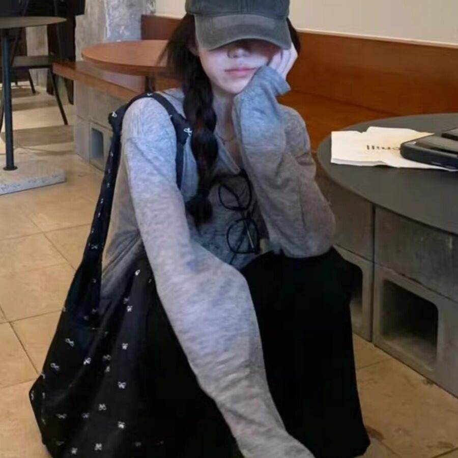 灰色小个子松弛感宽松长袖T恤女夏季空调防晒衫慵懒罩衫上衣薄款