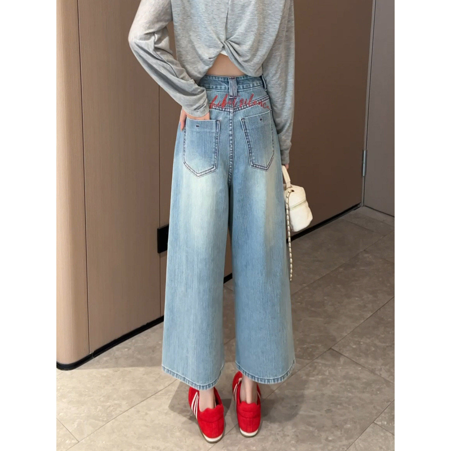 刺绣阔腿牛仔裤女2026夏季薄款大码胖mm小个子高腰八分垂感直筒裤
