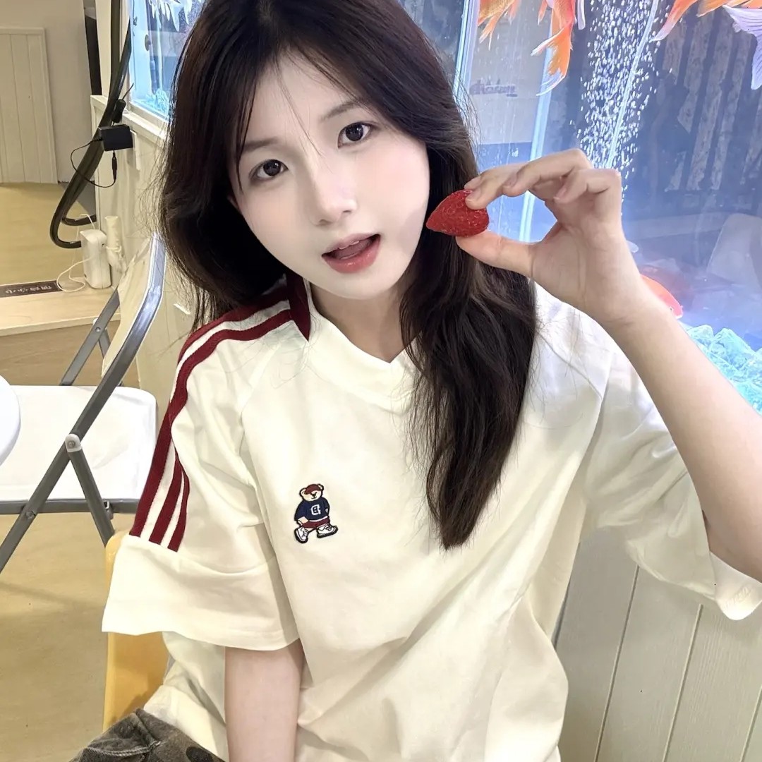 小熊刺绣拼色条纹V领短袖T恤女夏新款美式复古校园风半袖纯棉上衣