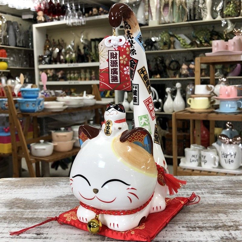 金石工坊长尾招财猫陶瓷猫店铺开业生日家居入伙招福创意礼物摆件