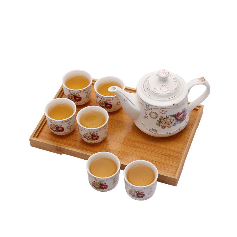 陶瓷茶具套装带托盘描金花餐厅家用茶壶水杯骨瓷欧式咖啡壶整套装