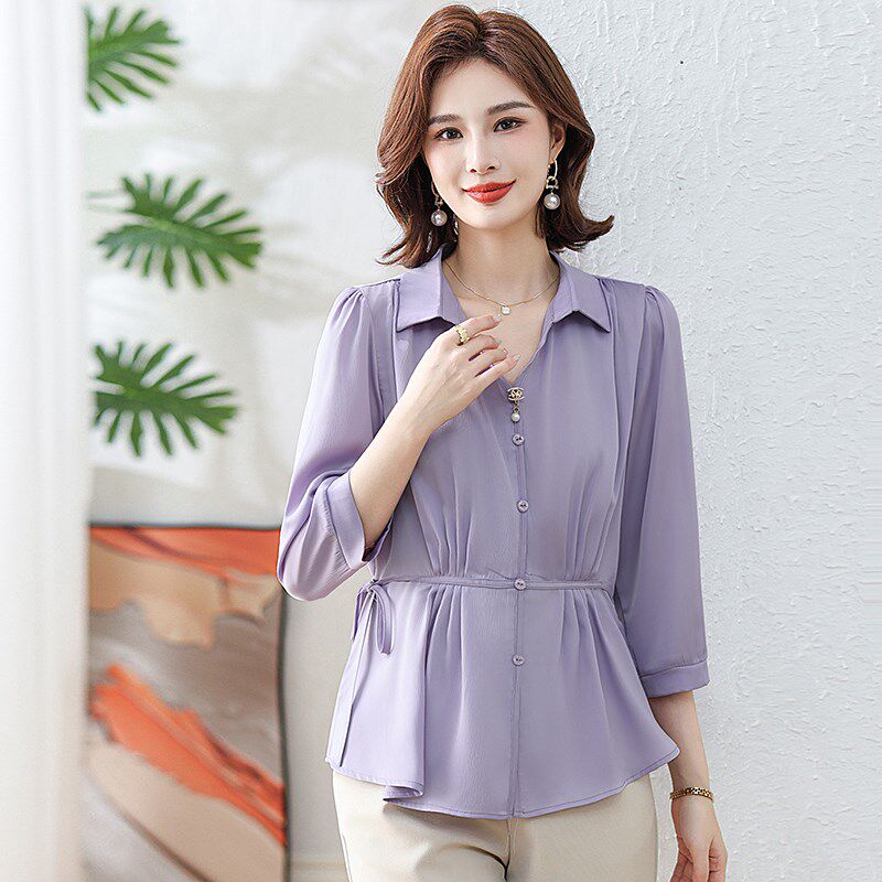 年轻妈妈春装时尚衬衫中年女装洋气上衣打底衫中老年春秋雪纺套装