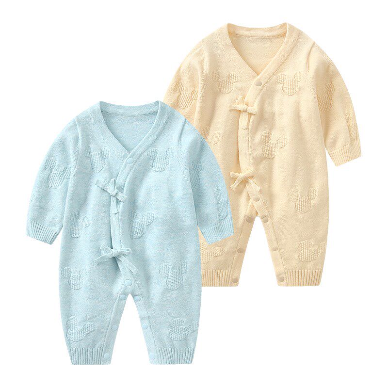 婴儿衣服春秋连体衣新生儿毛衣套装初生宝宝纱衣针织手工系带和服