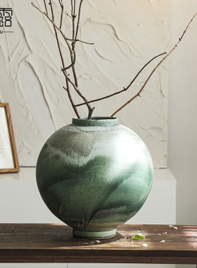 新中式星球罐绿色陶瓷侘寂风复古艺术粗陶花盆插干花简约民宿居家
