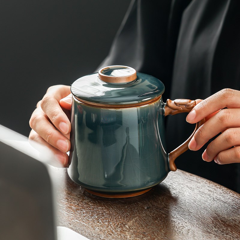 哥窑藏青龙腾办公杯带盖轻奢中式茶水分离茶杯会议办公室高档水杯