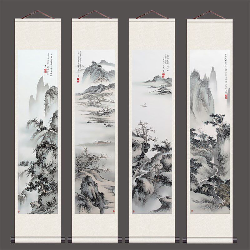 传统国画丝绸挂画闫焕然 山水四条屏卷轴字画书房装饰画展会礼品