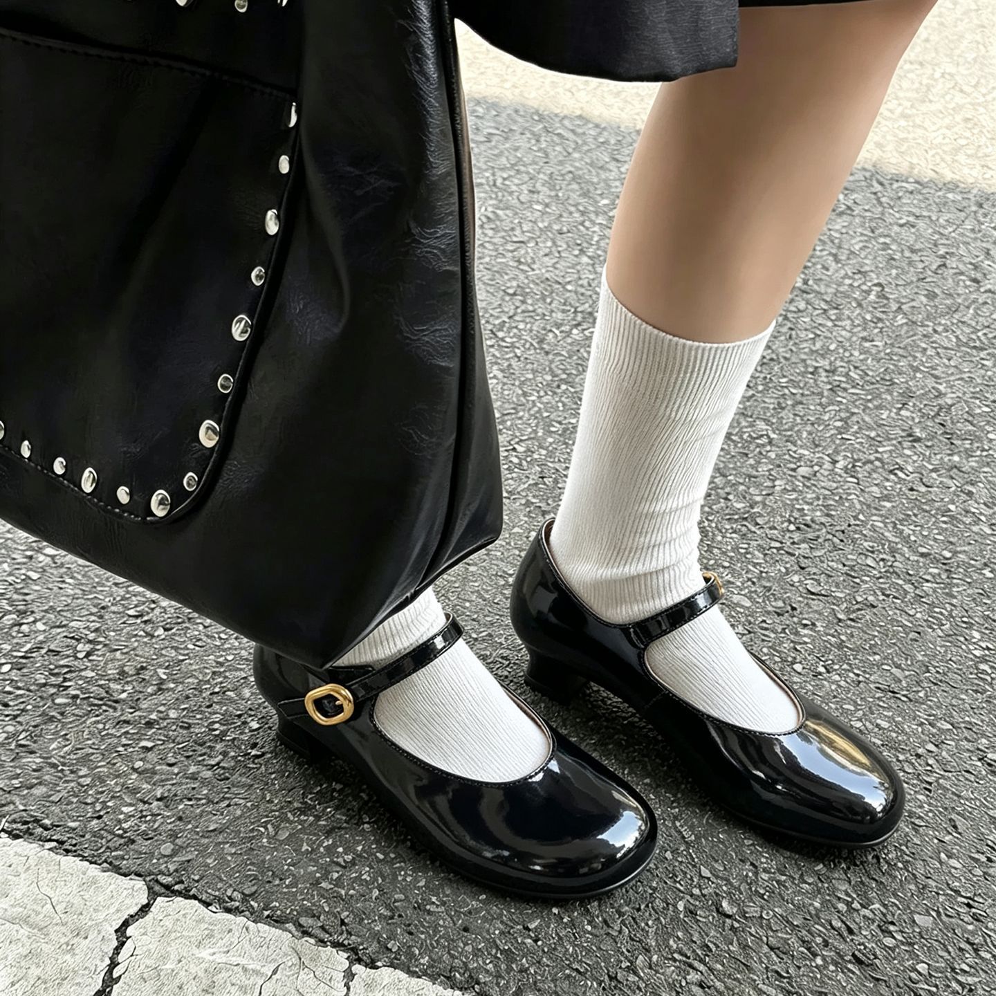 美拉德学院风牛皮玛丽珍鞋秋季粗跟中跟圆头真皮一字扣单鞋女