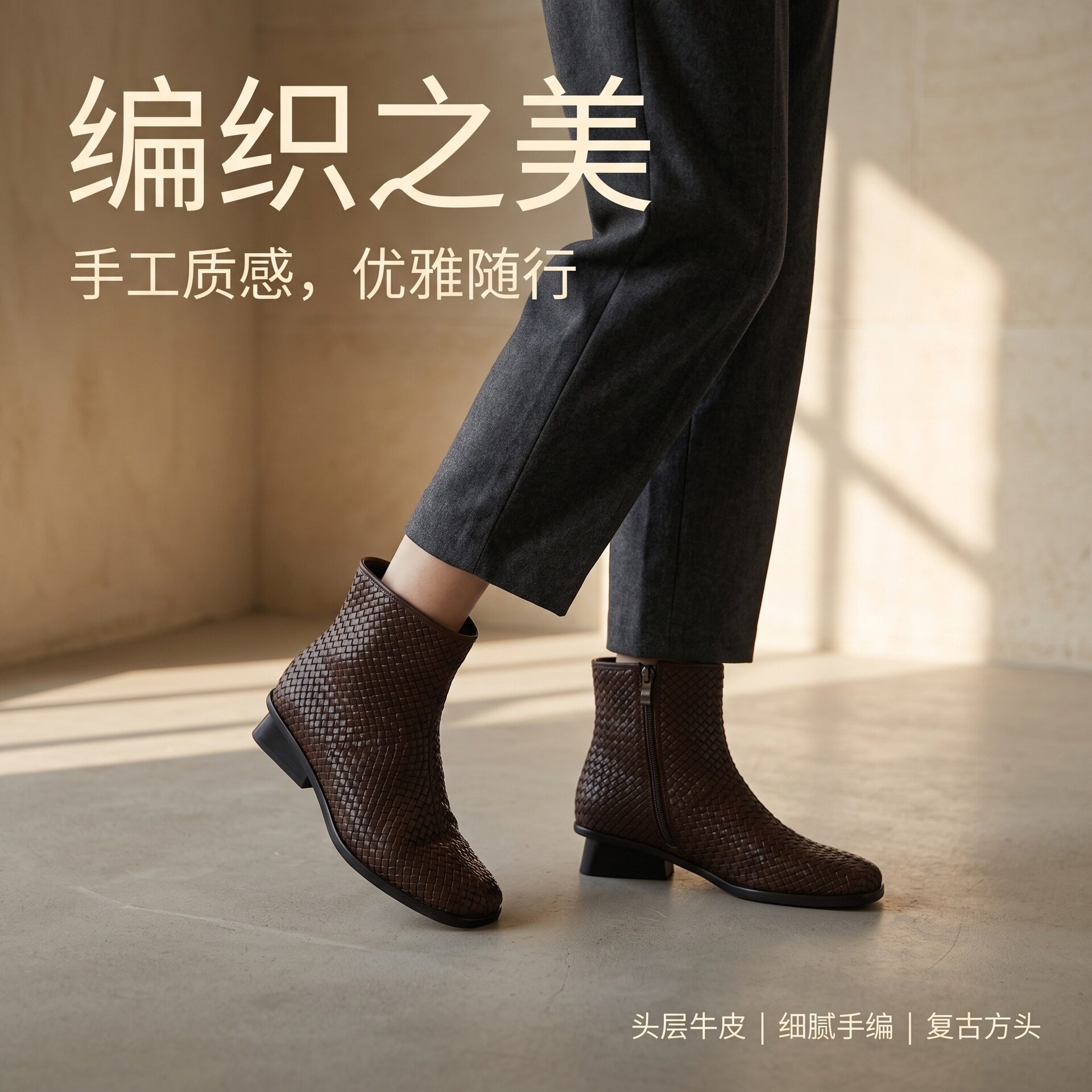 头层牛皮真皮女鞋秋冬新款手工编织靴子复古舒适英伦风短靴可