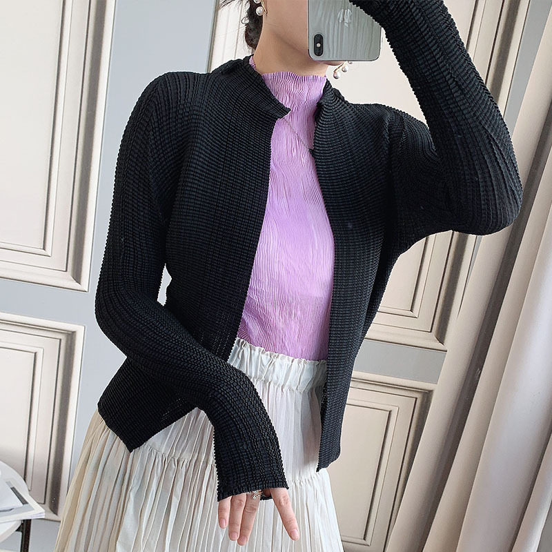 三宅设计感褶皱外套女短款黑色百搭春季针织开衫上衣薄款外搭