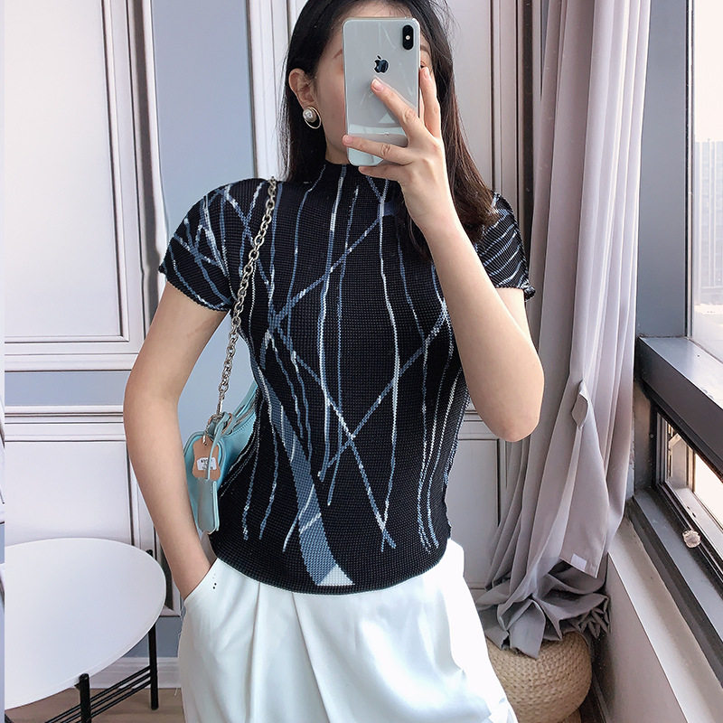 上衣女春夏高端时尚潮流褶皱短袖小衫印花t恤女装一件H