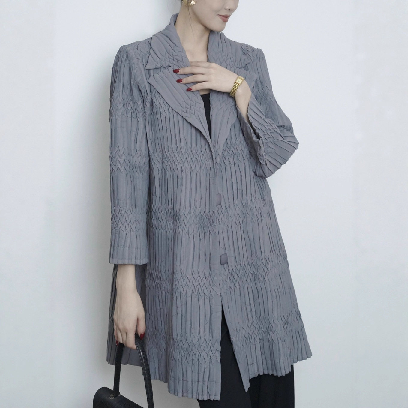设计师款女装手工褶皱棉服外套女中长款高级感西装领气质棉服大衣