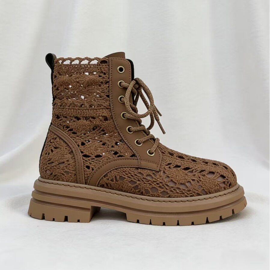 夏季新款蕾丝网面马丁靴女厚底镂空透气休闲短靴时尚百搭凉靴