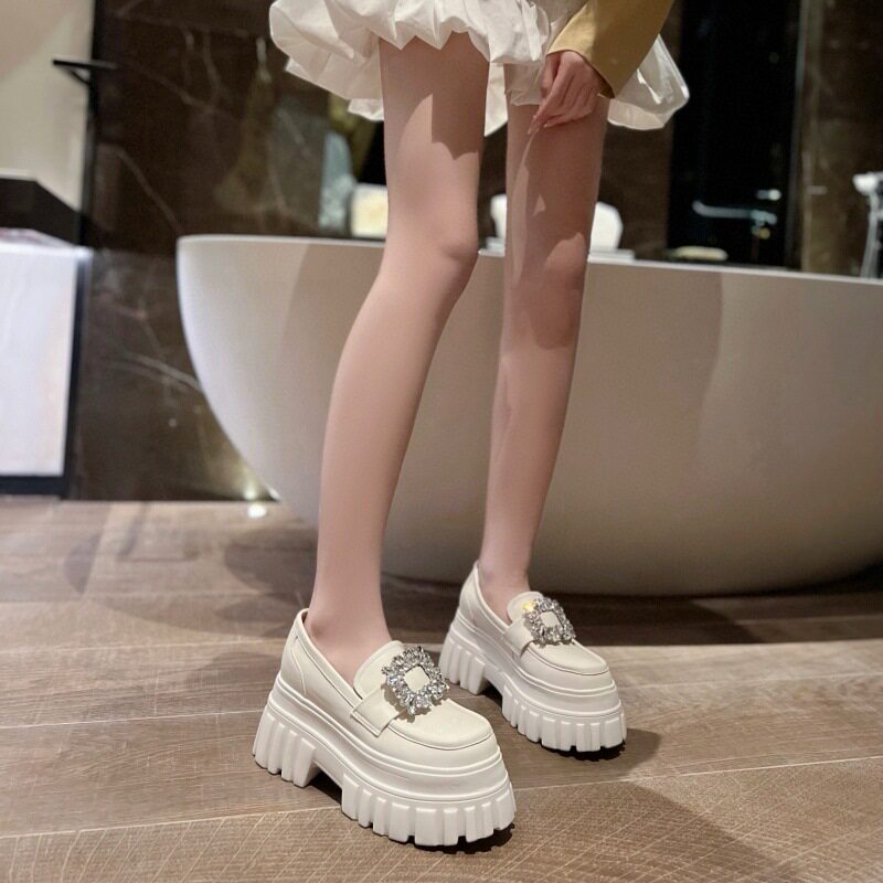 厚底内增高小皮鞋春季新款真皮厚底水钻一脚蹬乐福鞋女潮