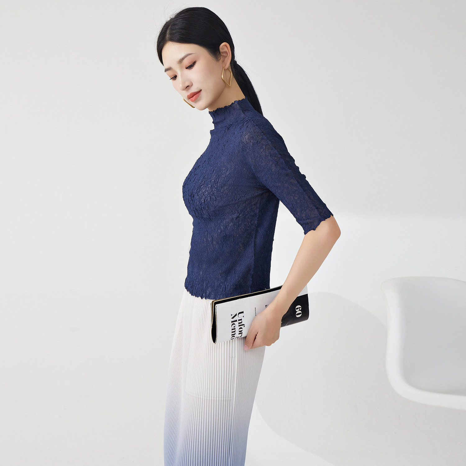 高端女装衣服女修身气质半高领五分袖百搭打底衫T恤上衣