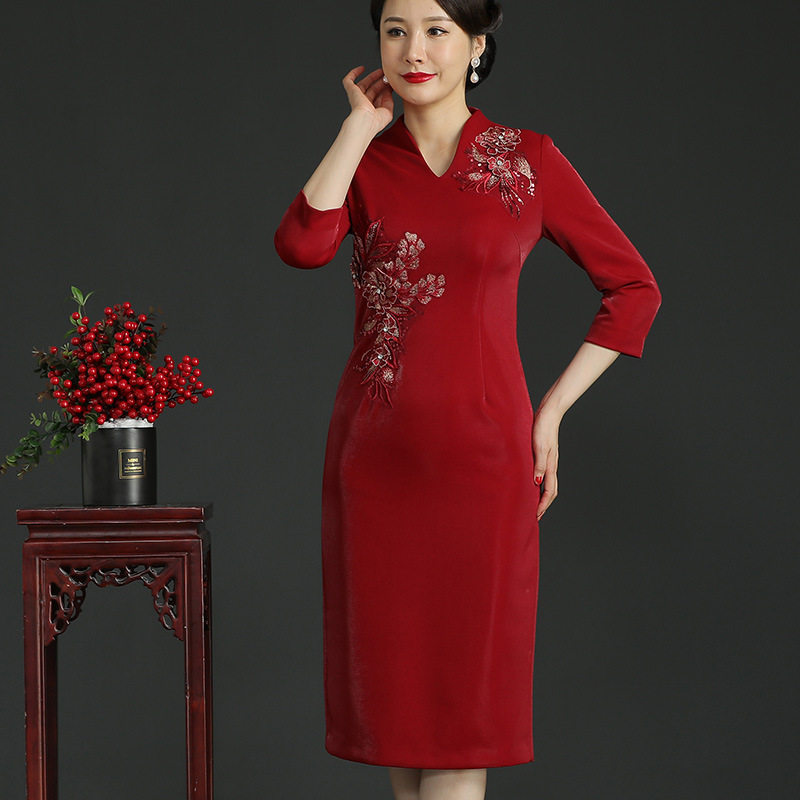 酒红色高端喜婆婆婚宴装晚礼服妈妈婚礼服高档年轻高贵秋季女装
