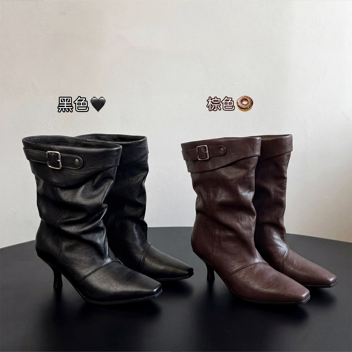 优雅性感皮带扣堆堆靴秋冬细跟高跟方头真皮宽松短靴女