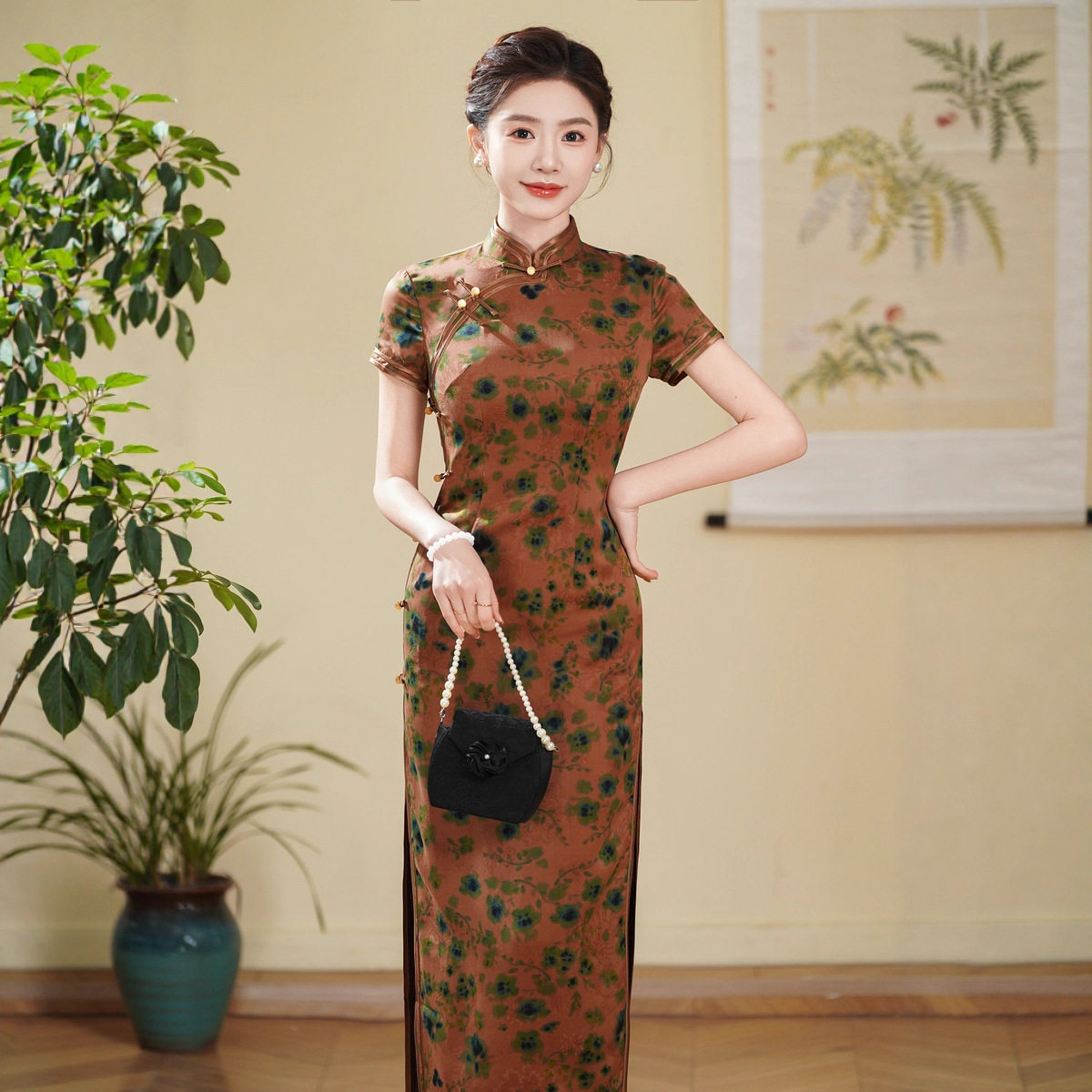 夏新中式复古棕绿花色旗袍真丝旗袍改良修身连衣裙女桑蚕丝