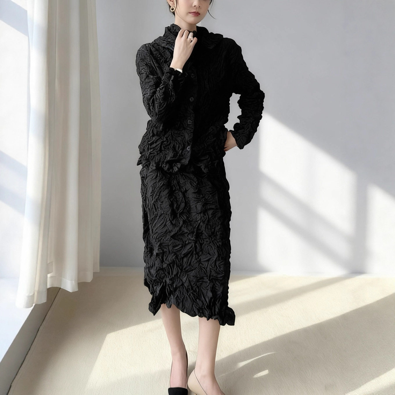 手工褶皱棉服套装女装冬季新款棉衣外套半身裙搭配一整套厚款