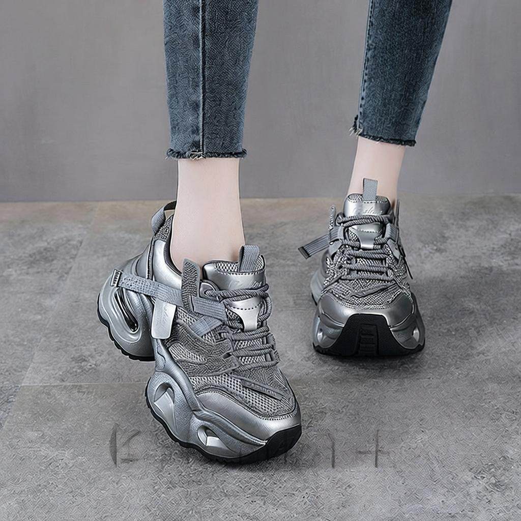 复古网面老爹鞋女款春秋新款厚底小个子增高休闲鞋气垫运动鞋