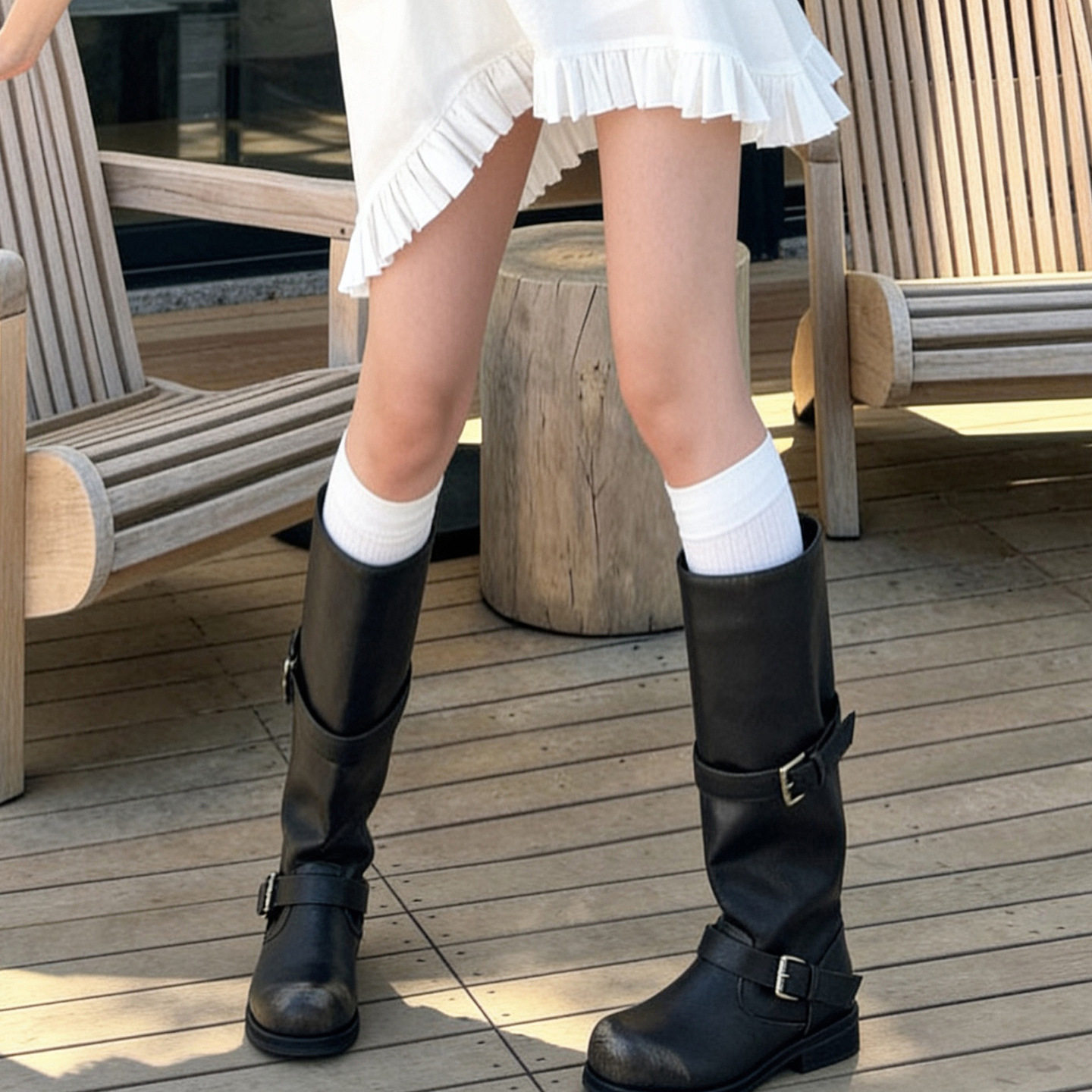 韩范大美女~皮带扣骑士靴秋冬粗圆头真皮粗低跟套筒高筒长靴