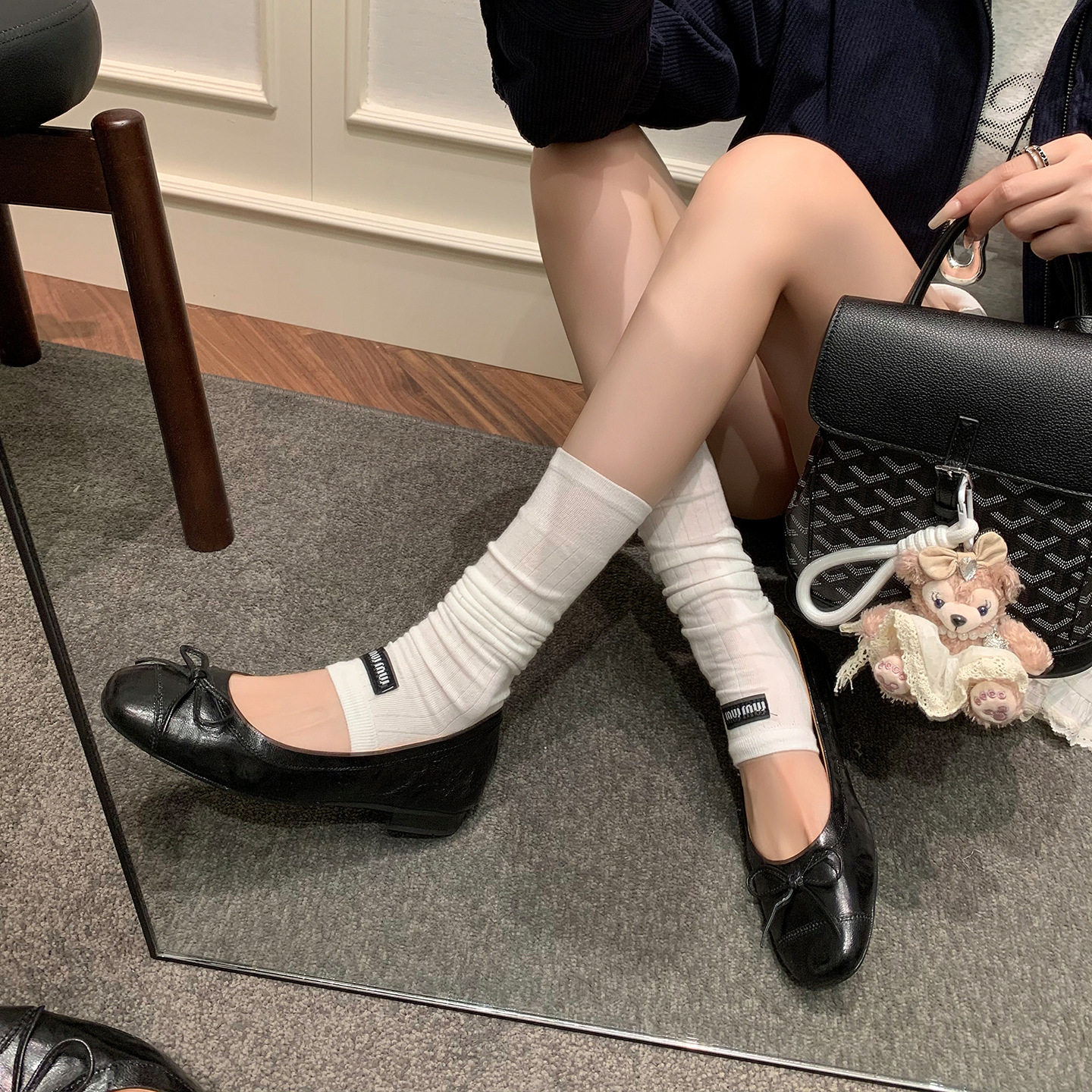 巨好搭甜美蝴蝶结牛皮秋粗低跟圆头通勤真皮浅口单鞋女大码