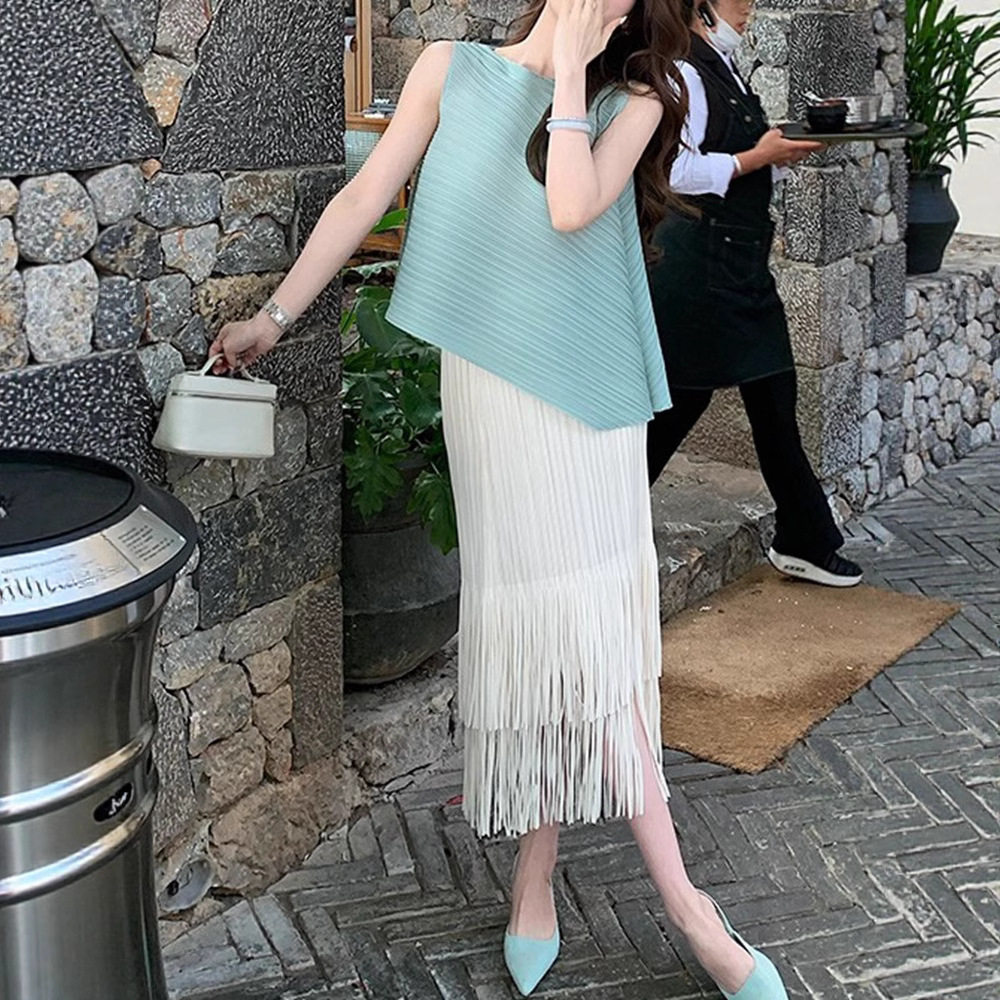 高级感套装女装两件套三宅高端精致上衣流苏褶皱半身裙搭配一整套