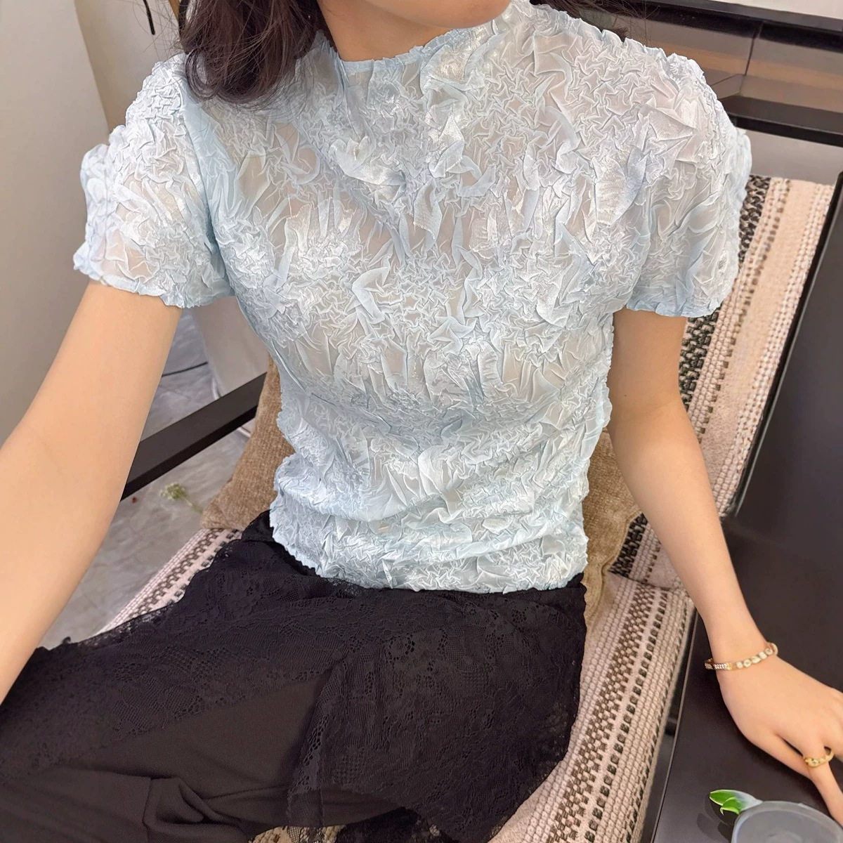 今年流行漂亮的女装短袖上衣时髦别致雪纺衫气质百搭套头T恤