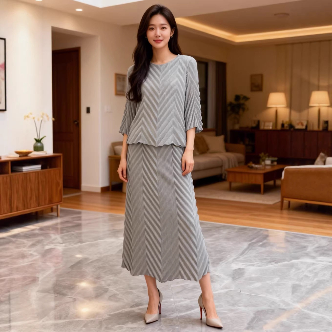 三宅褶皱女装春季新款套装两件套洋气上衣女半身裙搭配一整套