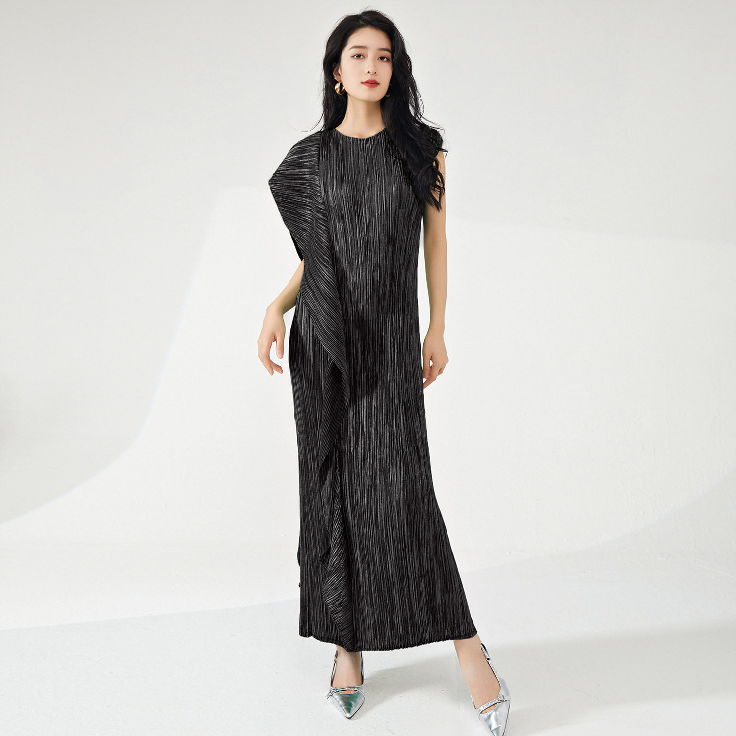 外贸跨境长裙春季高级感不规则系带烫金气质优雅礼服裙连衣裙