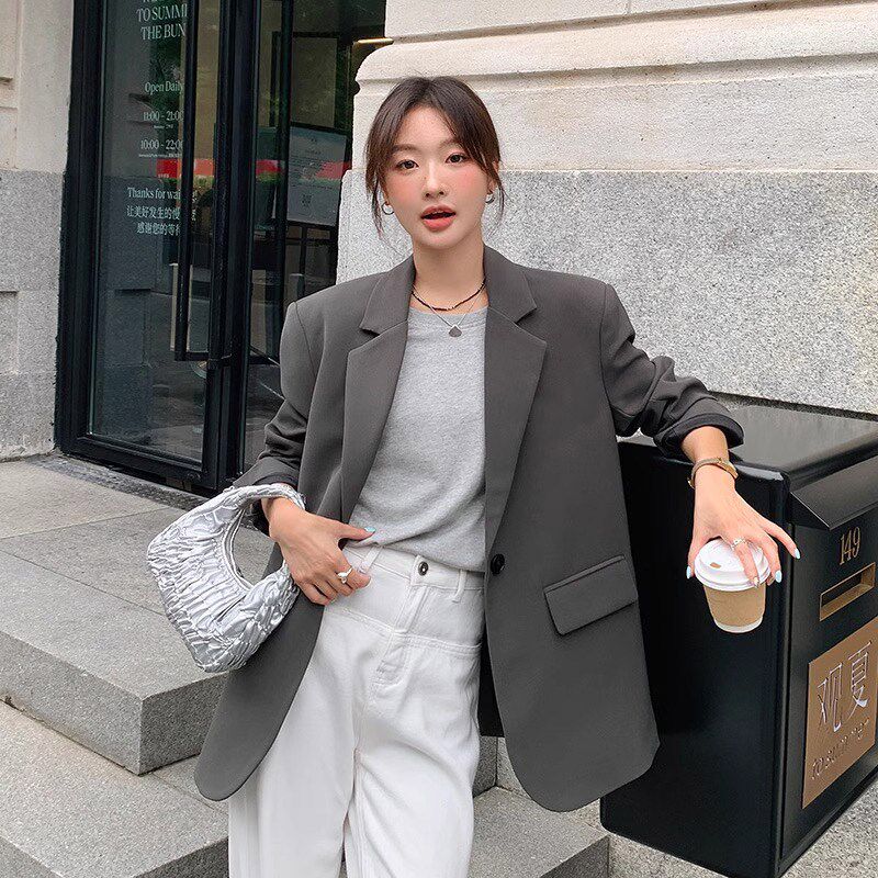 灰色西装外套女2025新款春秋季宽松休闲高级感网红小个子百搭西服
