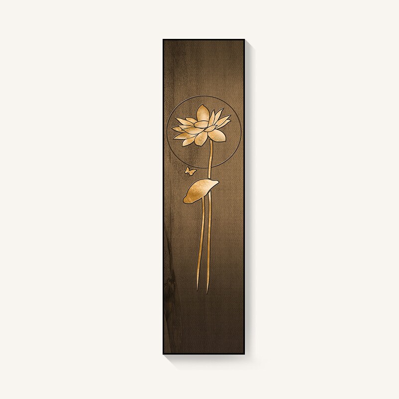 金色佛手新中式玄关装饰画定做茶室挂画禅意走廊竖版长条莲花三联