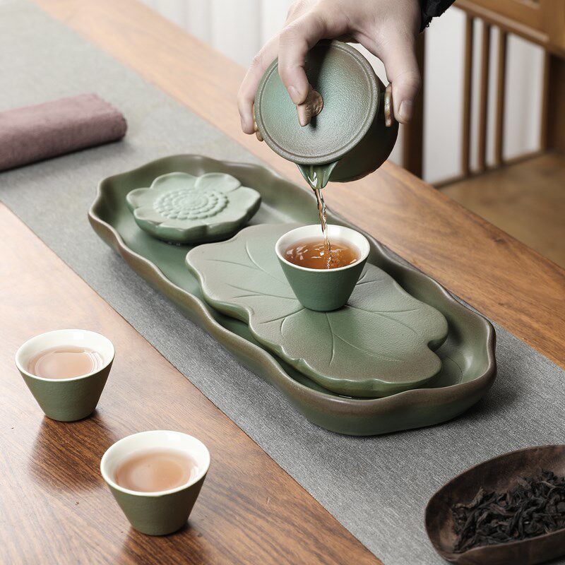 陶瓷茶盘家用办公轻奢绿色功夫茶台创意茶具托盘蓄排水茶海干泡台