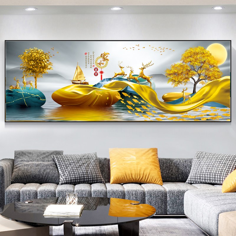 新中式水晶烤瓷镶钻客厅装饰画沙发背景墙画挂画轻奢大气新款壁画