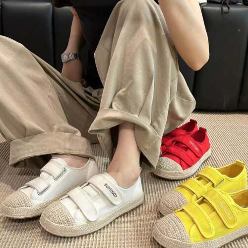 H55女鞋夏季新款冰感手工编织度假风网面透气板鞋魔术贴休闲鞋