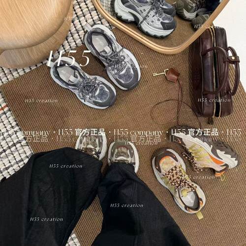 H55女鞋新款户外机能风撞色小众百搭厚底增高系带透气运动老爹鞋