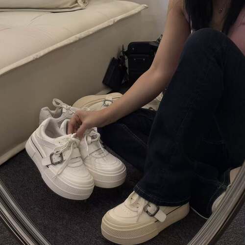 H55女鞋新款厚底增高素面纯色百搭基础款金属扣件韩系风休闲板鞋
