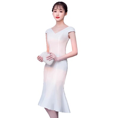 2026新款晚礼服裙女简单大方主持人气质白色小个子晚宴小礼服宴会