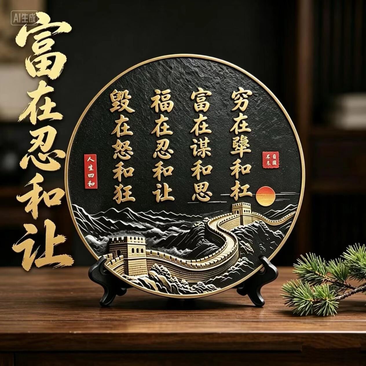 福在忍和让新中式家居摆件客厅书房玄关茶室字画装饰摆台万里长城