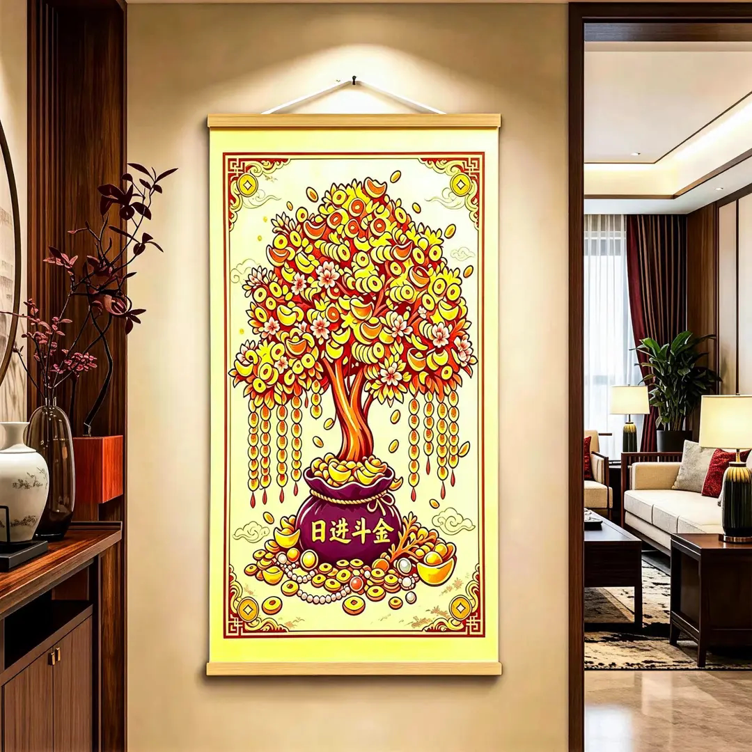 日进斗金摇钱树新中式挂画客厅玄关走廊书房办公室装饰画摇钱树画