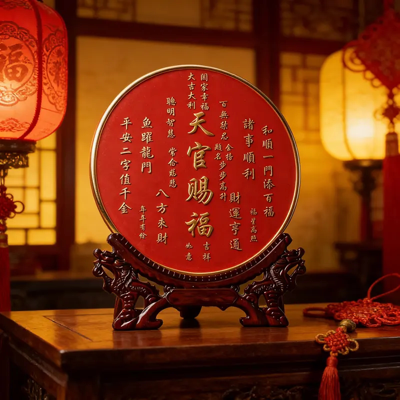 天官赐福圆形摆台装饰画乔迁送礼居家玄关电视柜饰品中式书法摆件