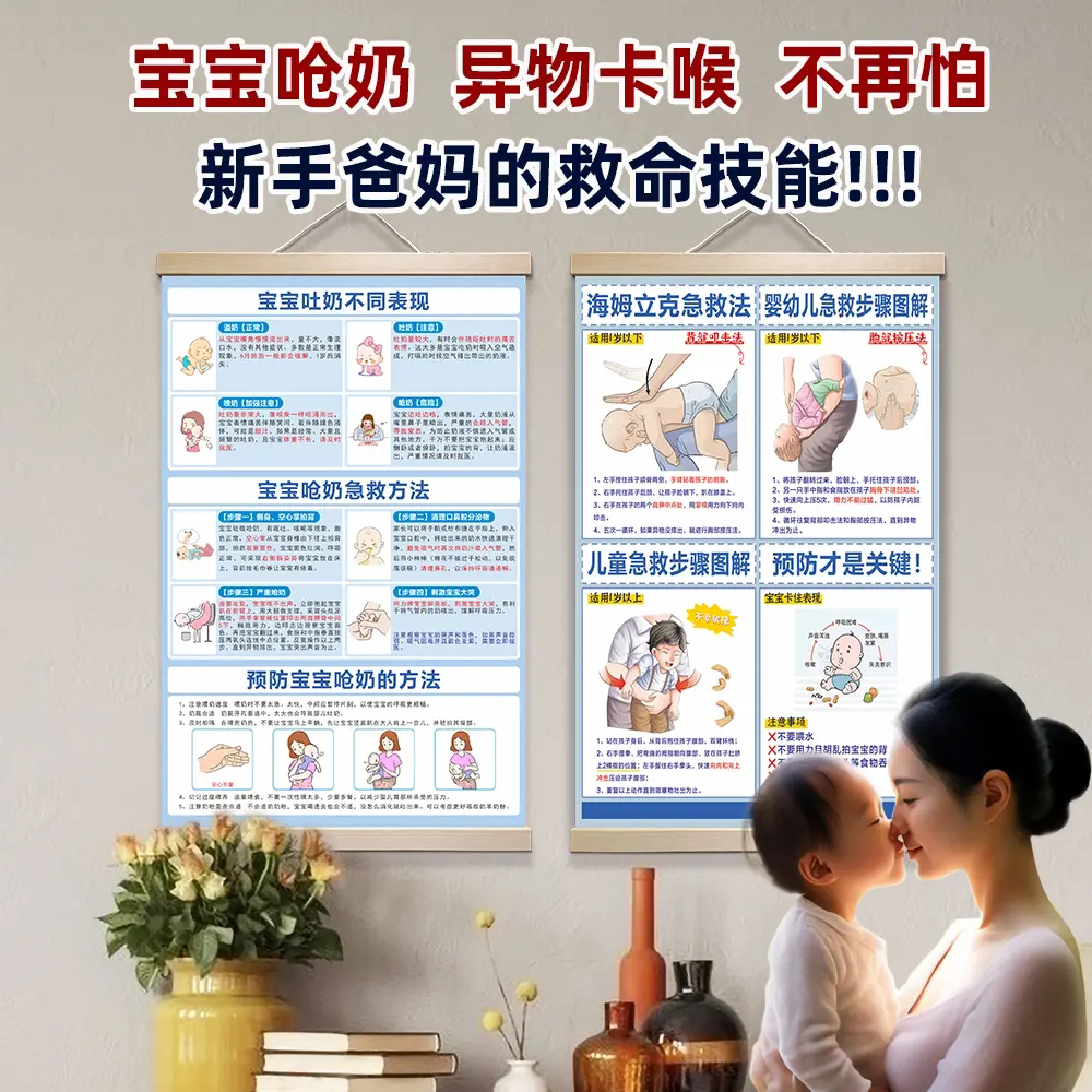 海姆立克急救法挂图婴儿呛奶新生儿预防儿童安全知识装饰画海报画