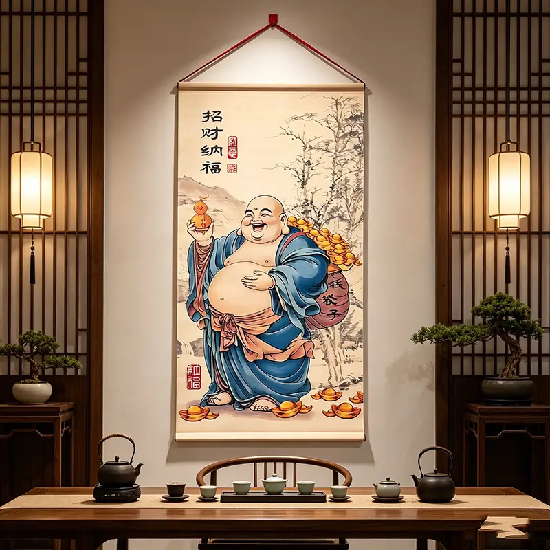 新款弥勒佛招财纳福挂画客厅玄关背景墙挂图书房茶室走廊装饰画