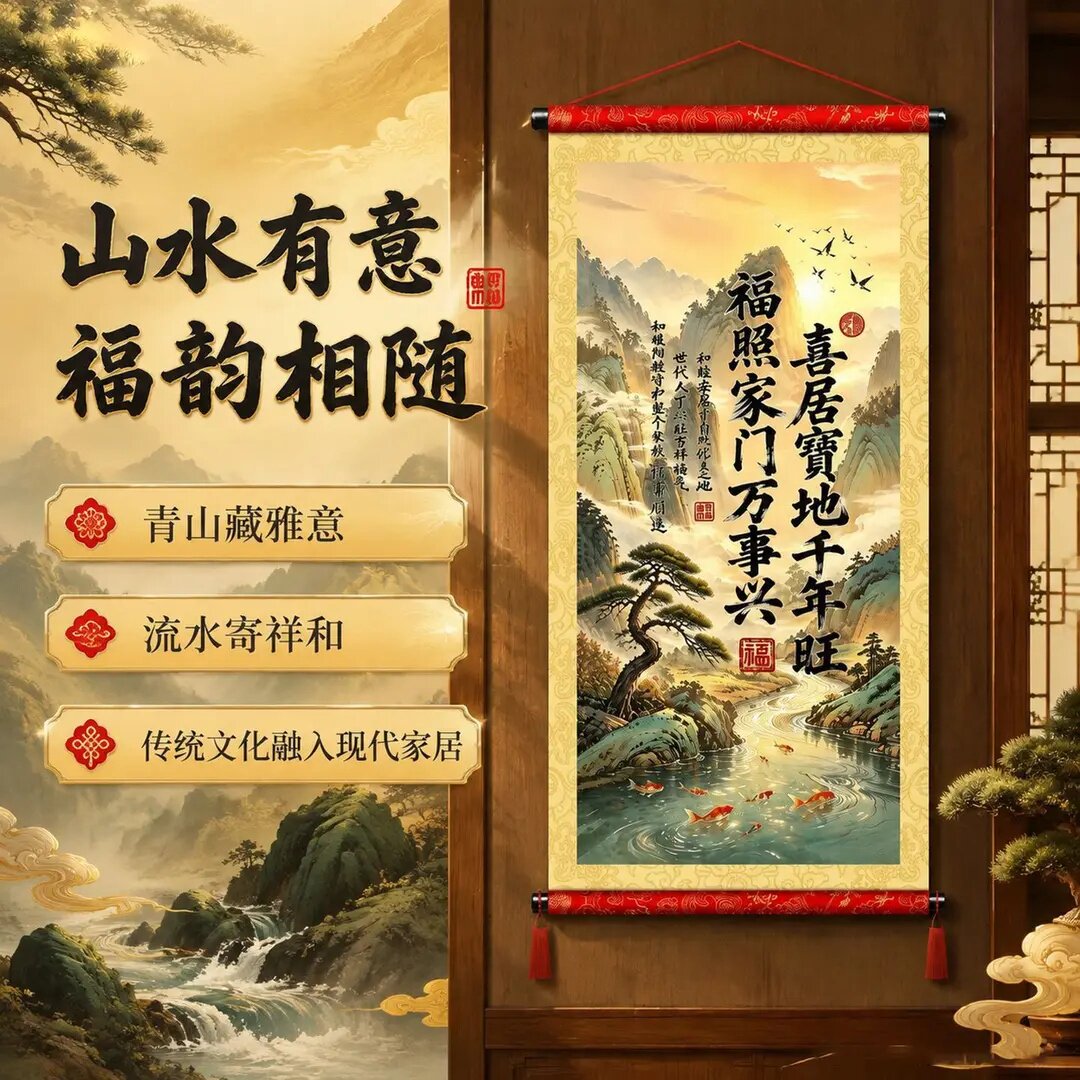 老师推荐喜居宝地千年旺卷轴挂画流苏款新中式沙发背景墙装饰挂画