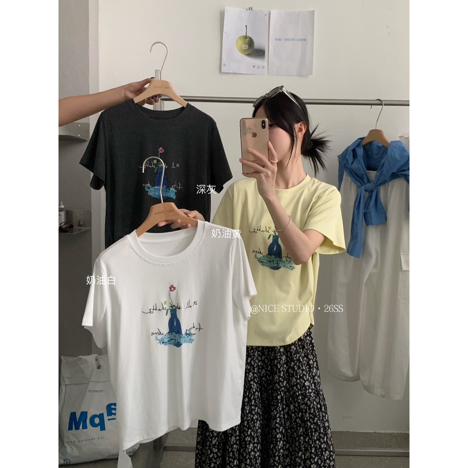 2026夏上新【奶思家NICE STUDIO】韩版刺绣花朵印花短袖T恤w63825