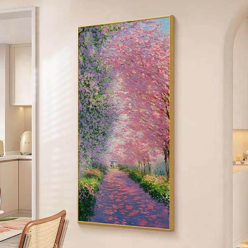 莫奈花园手绘油画玄关装饰画入户正对门挂画抽象客厅走廊过道壁画