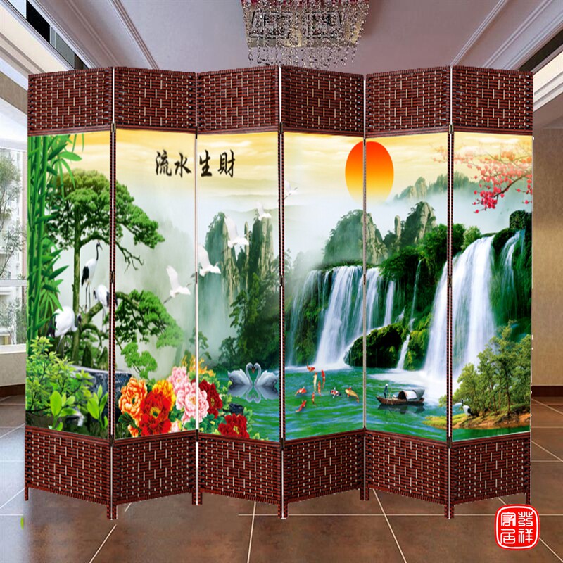 藤编布艺屏风隔断折叠酒店养生茶馆客厅办公实木玄关中式折屏座屏