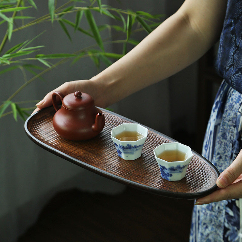 重竹席纹茶盘单层干泡茶台壶承宋席家用茶盘中式禅意茶托日式简约